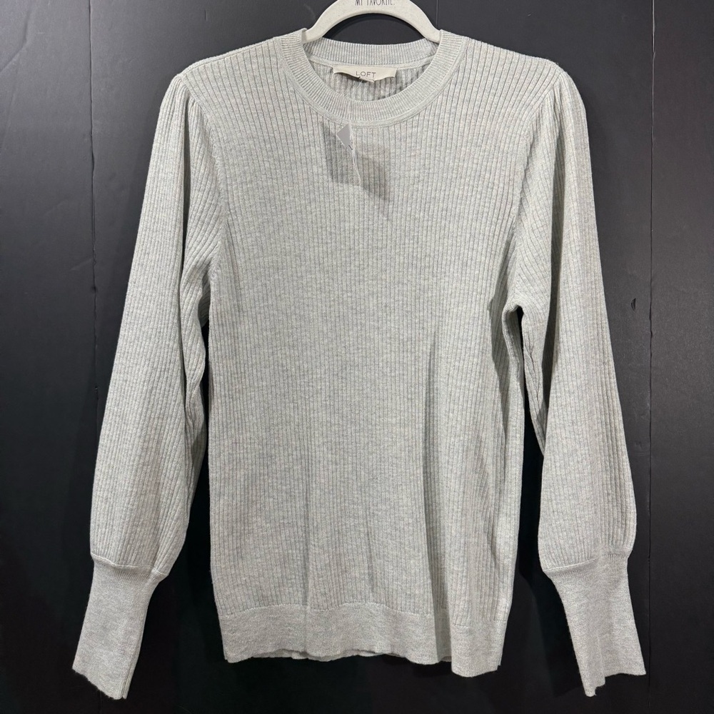Loft Gray Ribbed Puff Sleeve Sweater NWT